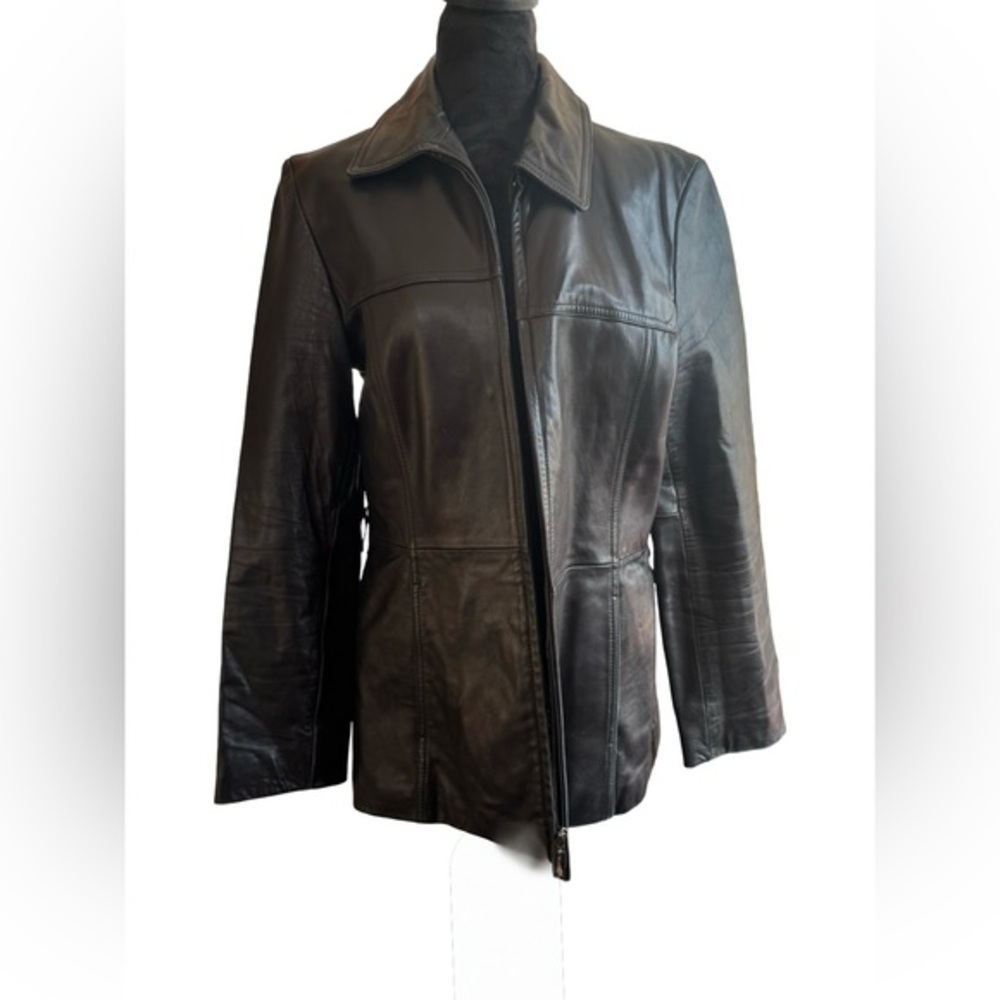Nine West Women’s Black 100%‎ Leather Car Coat Jacket, size M